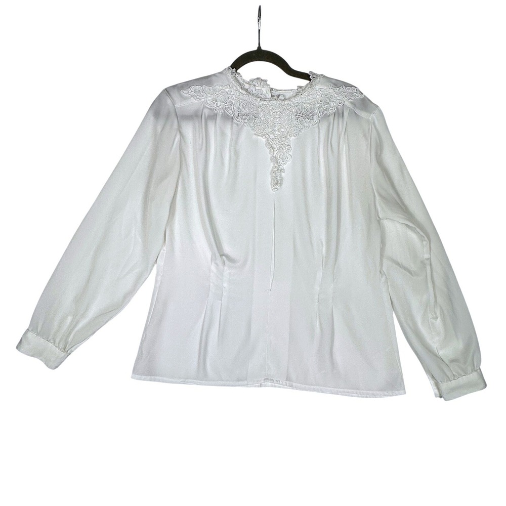 Impressions of California Blouse Women Vintage Lace Trim Long Sleeve White